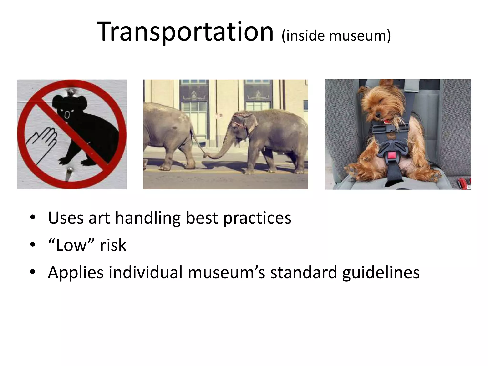 Transportation (inside museum)Uses art handling best practices“Low” riskApplies individual museum’s standard guidelines