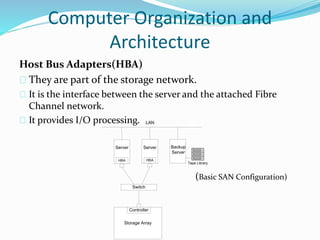 Computer Organization and 
Architecture 
Host Bus Adapters(HBA) 
They are part of the storage network. 
It is the interface between the server and the attached Fibre 
Channel network. 
It provides I/O processing. 
(Basic SAN Configuration) 
LAN 
Tape Library 
HBA HBA 
Switch 
Controller 
Storage Array 
Backup 
Server 
Server Server 
 