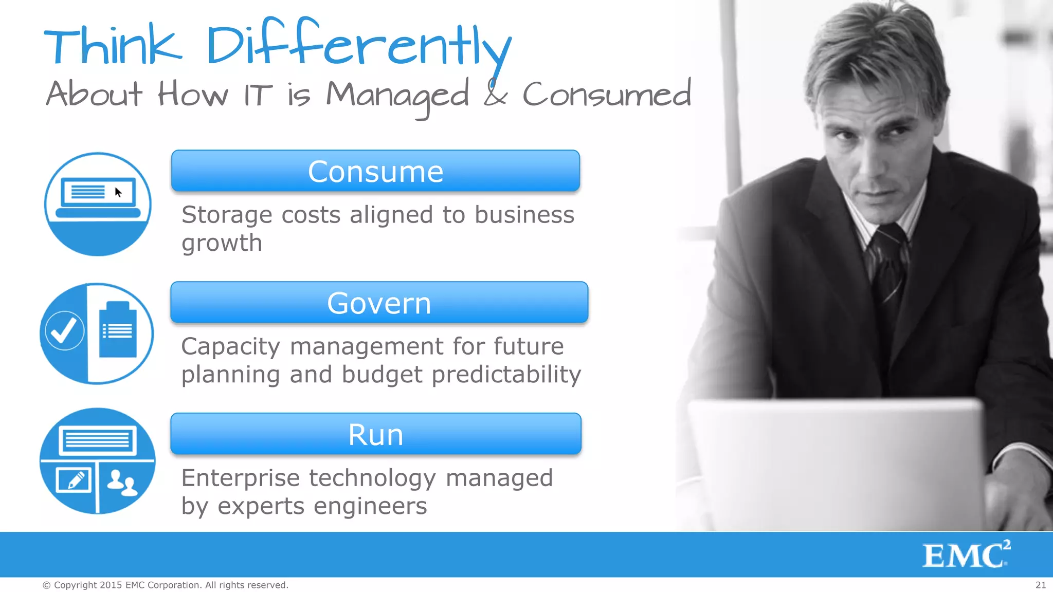 21© Copyright 2015 EMC Corporation. All rights reserved.
Think Differently
About How IT is Managed & Consumed
Storage costs aligned to business
growth
Consume
Run
Govern
Capacity management for future
planning and budget predictability
Enterprise technology managed
by experts engineers
 