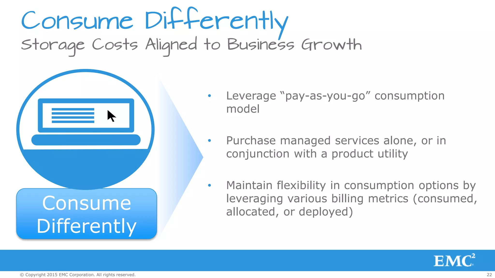 22© Copyright 2015 EMC Corporation. All rights reserved.
Consume Differently
• Leverage “pay-as-you-go” consumption
model
• Purchase managed services alone, or in
conjunction with a product utility
• Maintain flexibility in consumption options by
leveraging various billing metrics (consumed,
allocated, or deployed)
Storage Costs Aligned to Business Growth
Consume
Differently
 