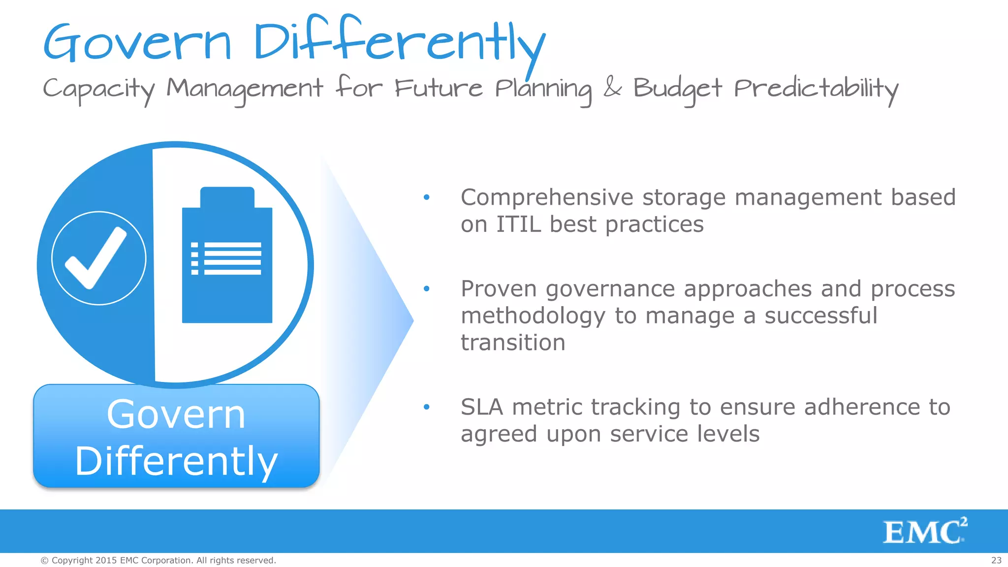 23© Copyright 2015 EMC Corporation. All rights reserved.
Govern Differently
• Comprehensive storage management based
on ITIL best practices
• Proven governance approaches and process
methodology to manage a successful
transition
• SLA metric tracking to ensure adherence to
agreed upon service levels
Capacity Management for Future Planning & Budget Predictability
Govern
Differently
 