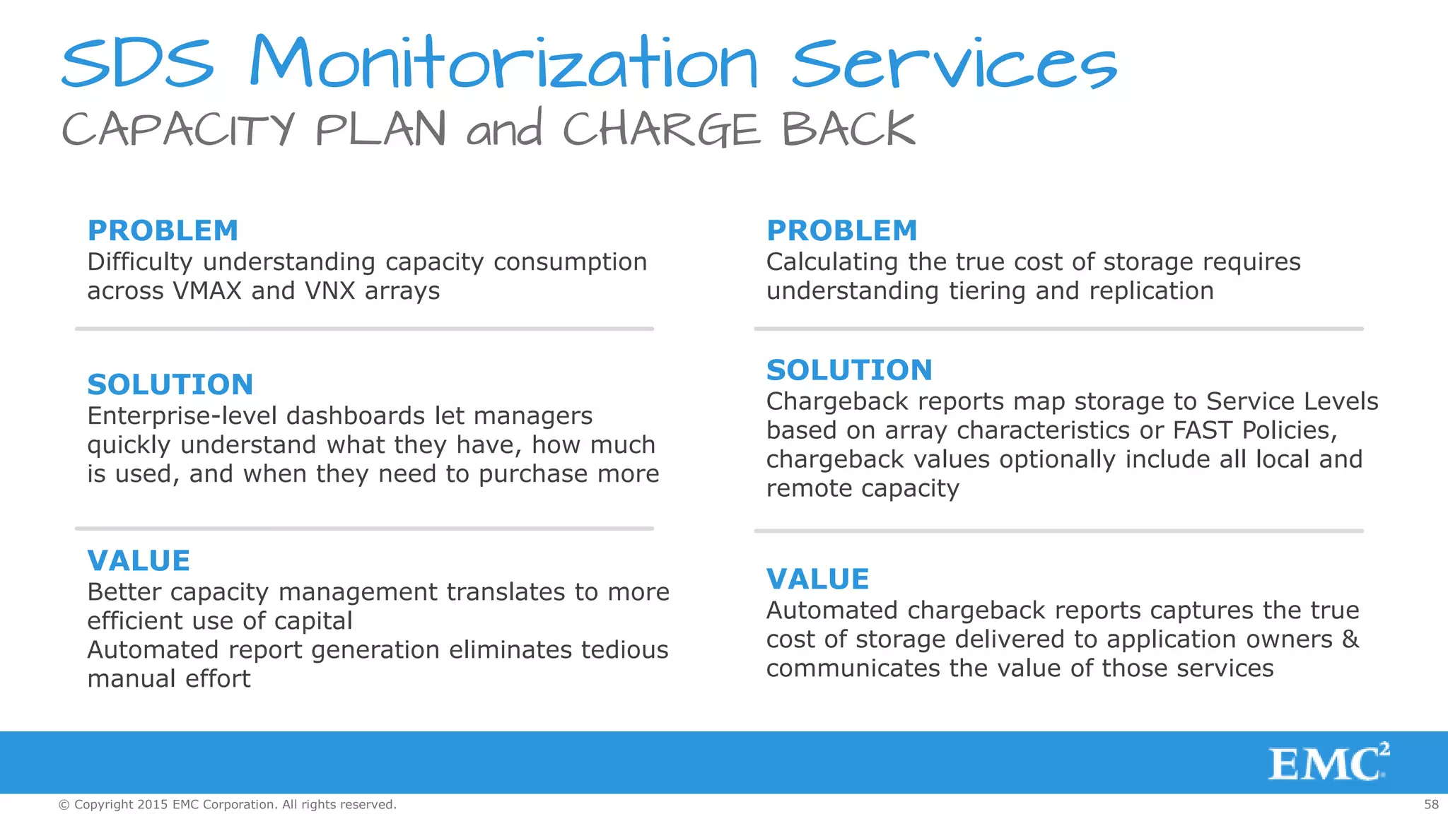 58© Copyright 2015 EMC Corporation. All rights reserved.
SDS Monitorization Services
CAPACITY PLAN and CHARGE BACK
VALUE
Better capacity management translates to more
efficient use of capital
Automated report generation eliminates tedious
manual effort
SOLUTION
Enterprise-level dashboards let managers
quickly understand what they have, how much
is used, and when they need to purchase more
PROBLEM
Difficulty understanding capacity consumption
across VMAX and VNX arrays
VALUE
Automated chargeback reports captures the true
cost of storage delivered to application owners &
communicates the value of those services
SOLUTION
Chargeback reports map storage to Service Levels
based on array characteristics or FAST Policies,
chargeback values optionally include all local and
remote capacity
PROBLEM
Calculating the true cost of storage requires
understanding tiering and replication
 
