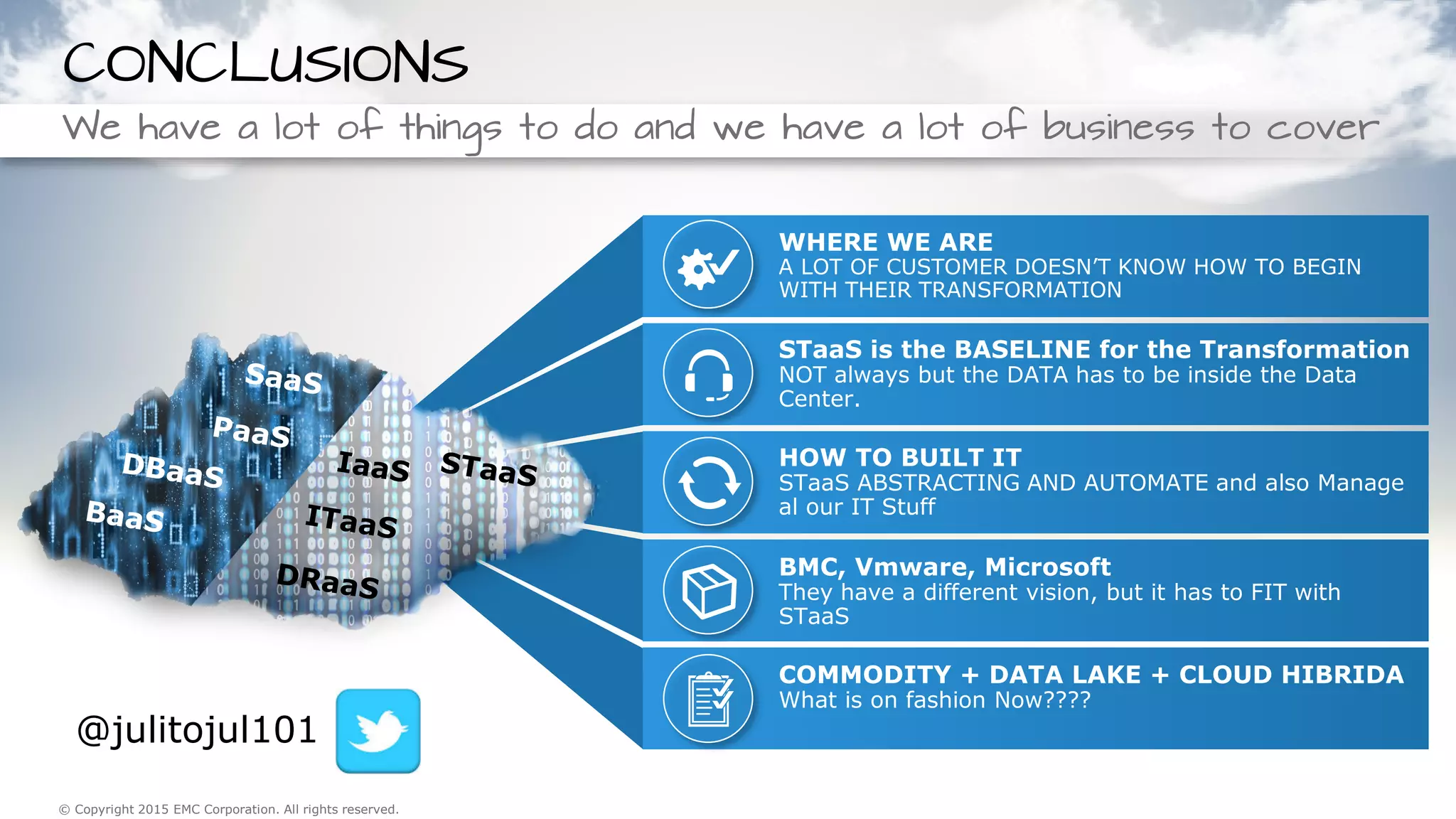 86© Copyright 2015 EMC Corporation. All rights reserved.© Copyright 2015 EMC Corporation. All rights reserved.
We have a lot of things to do and we have a lot of business to cover
CONCLUSIONS
WHERE WE ARE
A LOT OF CUSTOMER DOESN’T KNOW HOW TO BEGIN
WITH THEIR TRANSFORMATION
STaaS is the BASELINE for the Transformation
NOT always but the DATA has to be inside the Data
Center.
HOW TO BUILT IT
STaaS ABSTRACTING AND AUTOMATE and also Manage
al our IT Stuff
BMC, Vmware, Microsoft
They have a different vision, but it has to FIT with
STaaS
COMMODITY + DATA LAKE + CLOUD HIBRIDA
What is on fashion Now????
@julitojul101
 