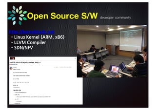 Open Source S/W developer community
http://kernelstudy.net
- Linux Kernel (ARM, x86)
- LLVM Compiler
- SDN/NFV
 