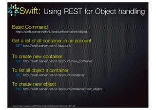 Swift: Object Update
Node
tmp HASH
upload
Data
#1
Node Node
tmp HASH
upload
Data
#1
Data
#1’
Move
tmp HASH
Data
#1
Data
#1’
Delete
 