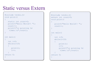Static versus Extern
#include <stdio.h>
void print()
{
static int count=0;
printf("Hello World!! ");
count++;
printf("is printing %d
times.n",count);
}
int main()
{
int i=0;
while(i<10)
{
print();
i++;
}
return 0;
}
#include <stdio.h>
extern int count=0;
void print()
{
printf("Hello World!! ");
count++;
}
int main()
{
int i=0;
while(i<10)
{
print();
i++;
printf("is printing %d
times.n",count);
}
return 0;
}
 