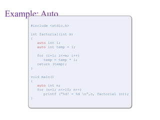 Example: Auto
#include <stdio.h>
int factorial(int m)
{
auto int i;
auto int temp = 1;
for (i=1; i<=m; i++)
temp = temp * i;
return (temp);
}
void main()
{
auto int n;
for (n=1; n<=10; n++)
printf (“%d! = %d n”,n, factorial (n));
}
 