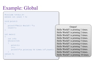 Example: Global
#include <stdio.h>
extern int count = 0;
void print()
{
printf("Hello World!! ");
count++;
}
int main()
{
int i=0;
while(i<10)
{
print();
i++;
printf("is printing %d times.n",count);
}
return 0;
}
Output!
Hello World!! is printing 1 times.
Hello World!! is printing 2 times.
Hello World!! is printing 3 times.
Hello World!! is printing 4 times.
Hello World!! is printing 5 times.
Hello World!! is printing 6 times.
Hello World!! is printing 7 times.
Hello World!! is printing 8 times.
Hello World!! is printing 9 times.
Hello World!! is printing 10 times.
 