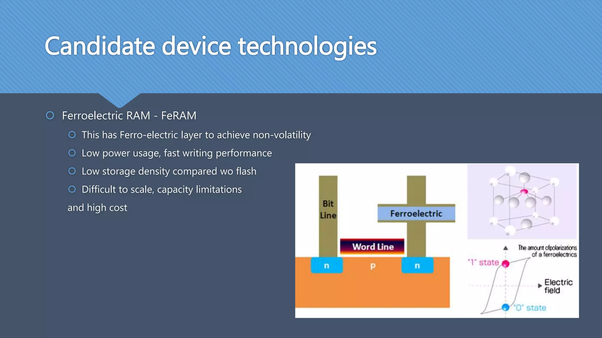 Candidate device technologies
 Ferroelectric RAM - FeRAM
 This has Ferro-electric layer to achieve non-volatility
 Low power usage, fast writing performance
 Low storage density compared wo flash
 Difficult to scale, capacity limitations
and high cost
 
