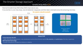 Patented Variable Stripe RAID allows RAID stripe sizes to vary.
If one die fails in a ten-chip stripe, only the failed die is bypassed, and then data is restriped across the remaining nine chips.
… 16
Planes
10 Chips
FAIL
RAID
Group
The Smarter Storage Approach
Variable Stripe RAID (VSR)
Value of VSR
• Unique Business Benefit:
Fewer Flash Module Replacements = Less maintenance touches while still preserving the life, protection, and performance of the Day-1 experience
• IBM Patented Technology:
No other manufacturer provides the resiliency or reliability
Protection Within
And Across
Flash Modules
No system rebuild needed!
 
