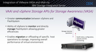 Health status, configuration,
capacity and thin
provisioning
Storage intensive
operations
• Greater communication between vSphere and
FlashSystem
• Ability of vSphere to monitor and directly
manage FlashSystem allowing greater
efficiencies
• Enables migration or offloading of specific host
operations to storage, improving overall
performance of virtual environment
Integration of VMware VASA and VAAI via
IBM Storage Integrated Server
VAAI and vSphere Storage APIs for Storage Awareness (VASA)
 