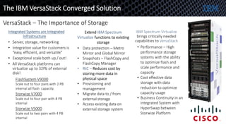 Integrated Systems are Integrated
Infrastructure
• Server, storage, networking
• Integration value for customers is
“easy, efficient, and versatile”
• Exceptional scale both up / out!
• All VersaStack platforms can
virtualize up to 32Pb of external
disk!
IBM Spectrum Virtualize
brings critically needed
capabilities to VersaStack
VersaStack – The Importance of Storage
• Data protection – Metro
Mirror and Global Mirror
• Snapshots – FlashCopy and
FlashCopy Manager
• RtC – Reduces cost by
storing more data in
physical space
• Provisioning and
management
• Migrate data to / from
external storage
• Access existing data on
external storage system
FlashSystem V9000
Scale out to four pairs with 2 PB
internal all flash capacity
Storwize V7000
Scale out to four pair with 8 PB
internal
Storwize V5000
Scale out to two pairs with 4 PB
internal
The IBM VersaStack Converged Solution
• Performance – High
performance storage
systems with the ability
to optimize flash and
scale performance and
capacity
• Cost effective data
storage with data
reduction to optimize
capacity usage
• Business Continuity in an
Integrated System with
HyperSwap between
Storwize Platform
Extend IBM Spectrum
Virtualize functions to existing
storage
 