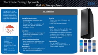 The Smarter Storage Approach
IBM XIV Storage Array
Tuning-free performance
• Grid design and automation with
zero tuning
• 3-way mirror, five-nines design, self-
healing, and rebuilds in < 1 hour
spell piece of mind
Ease of use
• Easy migration and provisioning, and
Hyper-Scale management in a GUI
customers love
Having the right storage
infrastructure matters; it is
crucial to the survival and
growth of enterprises and
service providers, especially
those laying foundations for
cloud.
• Up to 15 Intel Xeon
Processors
• Up to 180 logical
• Up to 720 GB of cache
• Up to Up to 12 TB of Flash
Cache
• Up to 24 Fibre ports(8
Gbps)
• Up to 12 iSCSI (10 Gbps
ports)
Hardware Specs
Easy-to-implement solutions
• Hosts, hypervisors, applications, and
tools integrate smoothly and cost-
efficiently
Winning TCO
• Cash in with low-cost per TB, ease of
use, and environmental benefits
Security
• Secure your data with data at rest
encryption.
• Tivoli Key Lifecycle manager
Mobility
• Scale data protection with IBM Hyper
Scale Consistency and Mobility
• Coordinated concurrently-consistent
snapshots over multiple XIV Systems
• Seamlessly move workloads between
multiple XIV systems
Upgradability
• See up to a 60% increase in
performance with the addition of
SSDs to XIV at any time!
The XIV Benefits
 