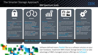 The Smarter Storage Approach
IBM is the World Leader in Software Defined Storage!
IBM Spectrum Scale
-Native: encryption is built into the
“Advanced” product
--Complies with NIST SP and is FIPS
140-2 certified
-Supports HIPAA, Sarbanes-Oxley,
EU and national data privacy law
compliance
-Secure erase provides the ability to
destroy arbitrarily large
subsets of a file system
-No “digital shredding”, secure
deletion is a crypto operation
-Spectrum Scale lets you
mirror your data at a DR site
-If the primary site fails, data
requests are automatically
redirected to the secondary site
-Asynchronous updates
accommodate unreliable networks
-IBM Spectrum Scale V4.1
snapshots can retain 256 Global
snapshots and 256 Snapshots of
each independent Fileset.
-SSDs or Flash placed directly in
Client nodes
-Accelerates I/O up to 6x by
reducing CPU wait time
-Spectrum Scale handles the flash
cache automatically so data is
transparently available to your
application with very low latency
-Maximum number of files/file
system 264 (9 quintillion) files per
file system
-AFM makes global namespace truly
global by automatically managing
asynchronous synchronization of
data
--Local cached data access performs
much better than WAN access
latencies are improved WAN link
usage is reduced
-Simplified interface utilizing our
award winning XIV GUI
-Single pane of glass through the
with standard global namespace
-30% lower TCO with Flash
-Optimizes storage tiers including
flash, disk and tape
-Multiprotocol data via NFS v3/v4
SMB 2/SMB 3.0 mandatory (4.2
supported) / CIFS for WinTel
-3,000 active connections per node
/ 20K max
-OpenStack Swift and S3 API
support for object storage
Software defined means flexible! Run as a software solution on your
own hardware, implement IBM’s Elastic Storage Server (ESS) or take
advantage of IBM’s managed solution offerings via SoftLayer!
Security Recovery Scalability Ease of Use Optimized
 