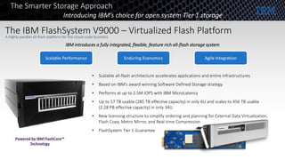 IBM introduces a fully integrated, flexible, feature rich all-flash storage system
• Scalable all-flash architecture accelerates applications and entire infrastructures
• Based on IBM’s award winning Software Defined Storage strategy
• Performs at up to 2.5M IOPS with IBM MicroLatency
• Up to 57 TB usable (285 TB effective capacity) in only 6U and scales to 456 TB usable
(2.28 PB effective capacity) in only 34U
• New licensing structure to simplify ordering and planning for External Data Virtualization,
Flash Copy, Metro Mirror, and Real-time Compression
• FlashSystem Tier 1 Guarantee
Scalable Performance Agile IntegrationEnduring Economics
Powered by IBM FlashCore™
Technology
The Smarter Storage Approach
Introducing IBM’s choice for open system Tier 1 storage
The IBM FlashSystem V9000 – Virtualized Flash PlatformA highly parallel all-flash platform for the cloud-scale business
 