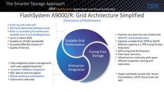 Scalable Grid
Performance
Enterprise
Integration
Tuning Free
Storage
The Smarter Storage Approach
IBM FlashSystems Application and Cloud Accelerator
• Fully integrated system management
with new neighborhood GUI
• Complete VMWare integration
• AES, data at rest encryption
• Mixed workload consolidation
• Concurrent code load
• Scale-up and scale-out!
• XIV Flash Optimized Software stack
• Rack is a Scalable grid architecture
Scalable from 2 to 6 building blocks
• Up to 2 million IOPS
• Scalable to 18 GB/s bandwidth
• Sustained IBM MicroLatency™
• Quality of Service
data reduction)
• Flash for less than the cost of disk with
IBM RTC and Deduplication
• Capacity scalable from 29TB to 342TB
Effective capacity is 1.7PB (using 5X data
reduction)
• Self tuning Grid Architecture
• Flash wear warranty
• Infrastructure continuity with space
efficient snapshots, cloning and
replication
FlashSystem A9000/R: Grid Architecture Simplified
Dimensions of Performance
• Target workloads include VDI, Server
Consolidation, OLTP, Cloud Scale and
HPC
 