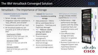 Integrated Systems are Integrated
Infrastructure
• Server, storage, networking
• Integration value for customers is
“easy, efficient, and versatile”
• Exceptional scale both up / out!
• All VersaStack platforms can
virtualize up to 32Pb of external
disk!
IBM Spectrum Virtualize
brings critically needed
capabilities to VersaStack
VersaStack – The Importance of Storage
• Data protection – Metro
Mirror and Global Mirror
• Snapshots – FlashCopy and
FlashCopy Manager
• RtC – Reduces cost by
storing more data in
physical space
• Provisioning and
management
• Migrate data to / from
external storage
• Access existing data on
external storage system
FlashSystem V9000
Scale out to four pairs with 2 PB
internal all flash capacity
Storwize V7000
Scale out to four pair with 8 PB
internal
Storwize V5000
Scale out to two pairs with 4 PB
internal
The IBM VersaStack Converged Solution
• Performance – High
performance storage
systems with the ability
to optimize flash and
scale performance and
capacity
• Cost effective data
storage with data
reduction to optimize
capacity usage
• Business Continuity in an
Integrated System with
HyperSwap between
Storwize Platform
Extend IBM Spectrum
Virtualize functions to existing
storage
 