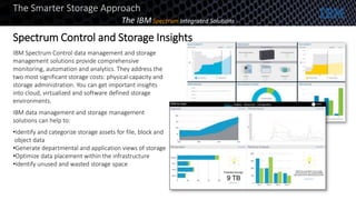 Spectrum Control and Storage Insights
The Smarter Storage Approach
The IBM Spectrum Integrated Solutions
IBM Spectrum Control data management and storage
management solutions provide comprehensive
monitoring, automation and analytics. They address the
two most significant storage costs: physical capacity and
storage administration. You can get important insights
into cloud, virtualized and software defined storage
environments.
IBM data management and storage management
solutions can help to:
•Identify and categorize storage assets for file, block and
object data
•Generate departmental and application views of storage
•Optimize data placement within the infrastructure
•Identify unused and wasted storage space
 
