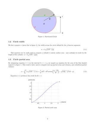 Figure 1: Partitioned Circle
1.2 Circle width
We ﬁrst compute w (green line in ﬁgure 1), the width across the circle deﬁned by the y bisector argument:
w = 2 (2 R − y)y (1.1)
This equation can be easily used to compute a cylinder’s content surface area – just multiply its result by the
length of the cylinder: a = 2 (2 R − y)yL.
1.3 Circle partial area
By integrating equation (1.1) on the interval 0 ≤ z ≤ y, we acquire an equation for the area of the blue shaded
segment in ﬁgure 1. This result is later used to compute end cap partial areas and volumes, and cylindrical partial
volumes:
a =
y
0
2 (2 R − z)z dz =
1
2
πR2
+ R2
arcsin
y − R
R
− 2 Ry − y2(R − y) (1.2)
Equation (1.2) produces this result for R = 1:
Figure 2: Partial circle area
3
 