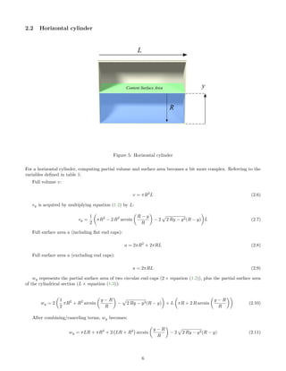 2.2 Horizontal cylinder
Figure 5: Horizontal cylinder
For a horizontal cylinder, computing partial volume and surface area becomes a bit more complex. Referring to the
variables deﬁned in table 1:
Full volume v:
v = πR2
L (2.6)
vy is acquired by multiplying equation (1.2) by L:
vy =
1
2
πR2
− 2 R2
arcsin
R − y
R
− 2 2 Ry − y2(R − y) L (2.7)
Full surface area a (including ﬂat end caps):
a = 2πR2
+ 2πRL (2.8)
Full surface area a (excluding end caps):
a = 2πRL (2.9)
wy represents the partial surface area of two circular end caps (2 × equation (1.2)), plus the partial surface area
of the cylindrical section (L × equation (1.3)):
wy = 2
1
2
πR2
+ R2
arcsin
y − R
R
− 2 Ry − y2(R − y) + L πR + 2 R arcsin
y − R
R
(2.10)
After combining/canceling terms, wy becomes:
wy = πLR + πR2
+ 2 LR + R2
arcsin
y − R
R
− 2 2 Ry − y2(R − y) (2.11)
6
 