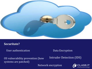 Securitate?

 User authentication                  Data Encryption

OS vulnerability prevention (how    Intruder Detection (IDS)
systems are patched)
                            Network encryption
 