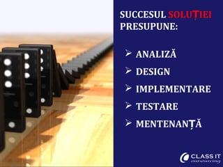 SUCCESUL SOLUȚIEI
PRESUPUNE:

 ANALIZĂ
 DESIGN
 IMPLEMENTARE
 TESTARE
 MENTENANȚĂ
 
