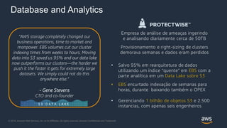 © 2018, Amazon Web Services, Inc. or its Affiliates. All rights reserved. Amazon Confidential and Trademark
Empresa de análise de ameaças ingerindo
e analisando diariamente cerca de 50TB
Provisionamento e right-sizing de clusters
demorava semanas e dados eram perdidos
• Salvo 95% em rearquitetura de dados
utilizando um índice “quente” em EBS com a
parte analítica em um Data Lake sobre S3
• EBS encurtado indexação de semanas para
horas, durante baixando também o OPEX
• Gerenciando 1 bilhão de objetos S3 e 2.500
instancias, com apenas seis engenheiros
“AWS storage completely changed our
business operations, time to market and
manpower. EBS volumes cut our cluster
indexing times from weeks to hours. Moving
data into S3 saved us 95% and our data lake
now outperforms our clusters—the harder we
push it the faster it gets for extremely large
datasets. We simply could not do this
anywhere else.”
- Gene Stevens
CTO and co-founder
Database and Analytics
S 3 D A T A L A K E
 