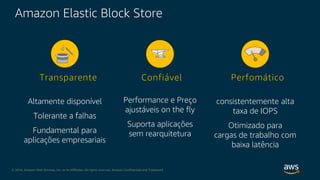 © 2018, Amazon Web Services, Inc. or its Affiliates. All rights reserved. Amazon Confidential and Trademark
Amazon Elastic Block Store
consistentemente alta
taxa de IOPS
Otimizado para
cargas de trabalho com
baixa latência
Altamente disponível
Tolerante a falhas
Fundamental para
aplicações empresariais
Performance e Preço
ajustáveis on the fly
Suporta aplicações
sem rearquitetura
Confiável PerfomáticoTransparente
 
