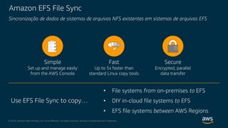 © 2018, Amazon Web Services, Inc. or its Affiliates. All rights reserved. Amazon Confidential and Trademark
Sincronização de dados de sistemas de arquivos NFS existentes em sistemas de arquivos EFS
Fast
Up to 5x faster than
standard Linux copy tools
Secure
Encrypted, parallel
data transfer
Simple
Set up and manage easily
from the AWS Console
• File systems from on-premises to EFS
• DIY in-cloud file systems to EFS
• EFS file systems between AWS Regions
Use EFS File Sync to copy…
Amazon EFS File Sync
 