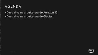 AGENDA
©
2
0
1
7
,
A
m
a
z
o
n
W
e
b
S
e
r
v
i
c
e
s
,
I
n
c
.
o
r
i
t
s
A
f
f
i
l
i
a
t
e
s
.
A
l
l
r
• Deep dive na arquitetura do Amazon S3
• Deep dive na arquitetura do Glacier
 