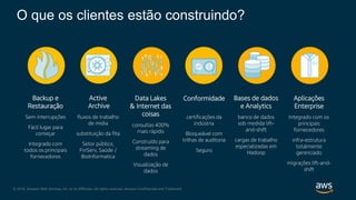 © 2018, Amazon Web Services, Inc. or its Affiliates. All rights reserved. Amazon Confidential and Trademark
Conformidade
certificações da
indústria
Bloqueável com
trilhas de auditoria
Seguro
Aplicações
Enterprise
Integrado com os
principais
fornecedores
infra-estrutura
totalmente
gerenciado
migrações lift-and-
shift
Active
Archive
fluxos de trabalho
de mídia
substituição da fita
Setor público,
FinServ, Saúde /
BioInformatica
Bases de dados
e Analytics
banco de dados
sob medida lift-
and-shift
cargas de trabalho
especializadas em
Hadoop
Backup e
Restauração
Sem interrupções
Fácil lugar para
começar
Integrado com
todos os principais
fornecedores
Data Lakes
& Internet das
coisas
consultas 400%
mais rápido
Construído para
streaming de
dados
Visualização de
dados
O que os clientes estão construindo?
 