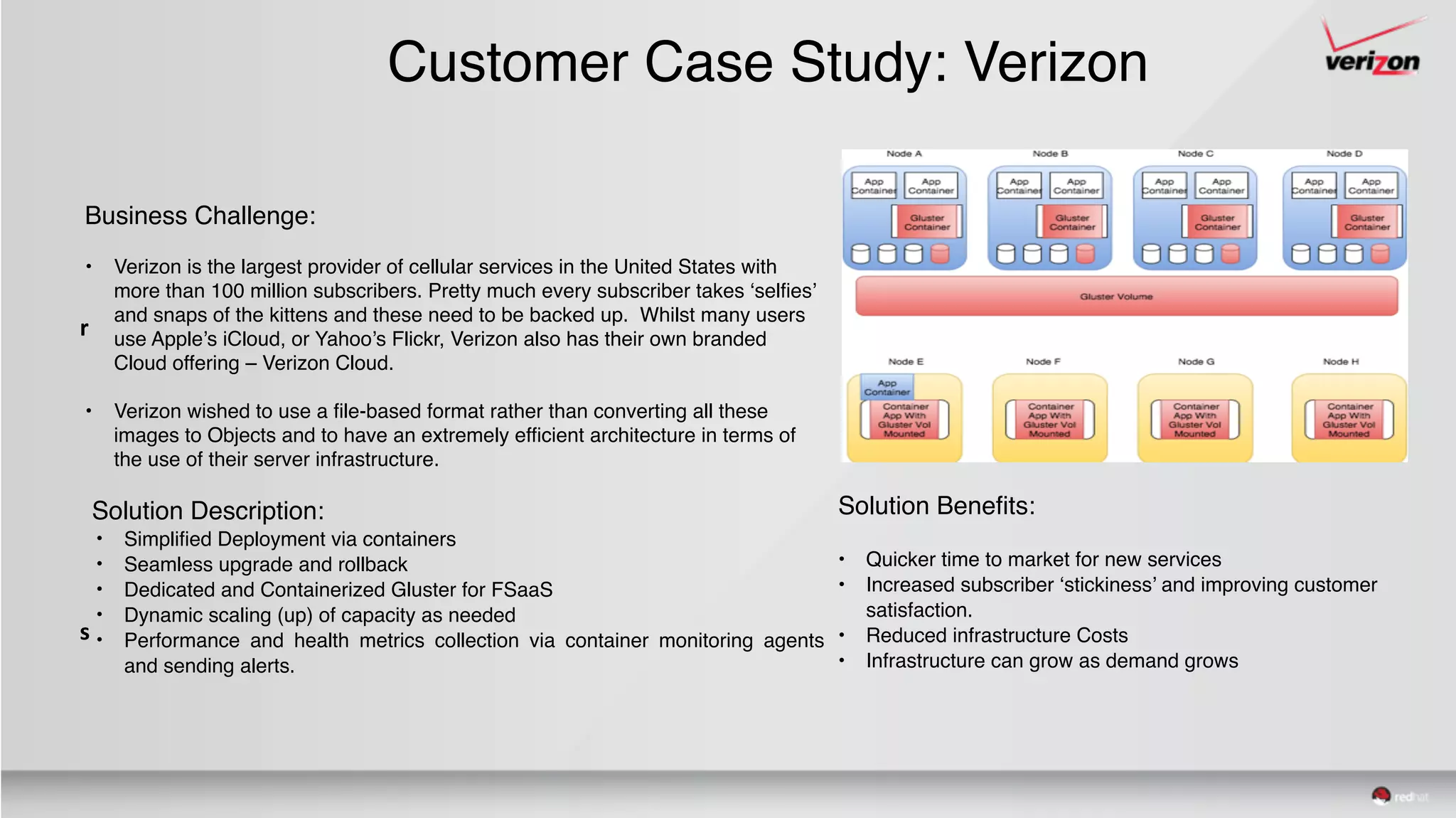 Customer Case Study: Verizon
D
o
c
k
e
r	
c
o
n
t
a
i
n
e
r
s	
r
u
n
n
i
Business Challenge:
• Verizon is the largest provider of cellular services in the United States with
more than 100 million subscribers. Pretty much every subscriber takes ‘selfies’
and snaps of the kittens and these need to be backed up. Whilst many users
use Apple’s iCloud, or Yahoo’s Flickr, Verizon also has their own branded
Cloud offering – Verizon Cloud.
• Verizon wished to use a file-based format rather than converting all these
images to Objects and to have an extremely efficient architecture in terms of
the use of their server infrastructure.
Solution Description:
• Simplified Deployment via containers
• Seamless upgrade and rollback
• Dedicated and Containerized Gluster for FSaaS
• Dynamic scaling (up) of capacity as needed
• Performance and health metrics collection via container monitoring agents
and sending alerts.
Solution Benefits:
• Quicker time to market for new services
• Increased subscriber ‘stickiness’ and improving customer
satisfaction.
• Reduced infrastructure Costs
• Infrastructure can grow as demand grows
 