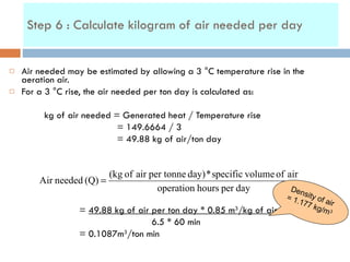 Step 6 : Calculate kilogram of air needed per day Air needed may be estimated by allowing a 3  °C temperature rise in the aeration air. For a  3  °C rise, the air needed per ton day is calculated as: kg of air needed = Generated heat / Temperature rise   = 149.6664 / 3    = 49.88 kg of air/ton day =  49.88 kg of air per ton day * 0.85 m 3 /kg of air 6.5 * 60 min = 0.1087m 3 /ton min Density of air = 1.177 kg/m 3 
