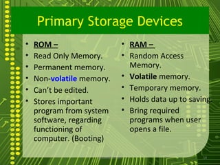 Primary Storage Devices
•   ROM –                        • RAM –
•   Read Only Memory.            • Random Access
•   Permanent memory.              Memory.
•   Non-volatile memory.         • Volatile memory.
•   Can’t be edited.             • Temporary memory.
•   Stores important             • Holds data up to saving.
    program from system          • Bring required
    software, regarding            programs when user
    functioning of                 opens a file.
    computer. (Booting)

                    sgisave@in.com                      14
 