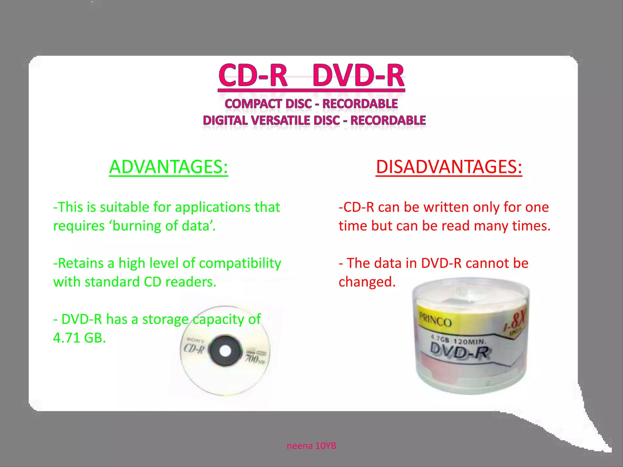DVDs are used to hold large file such as movie files.DISADVANTAGE:CDs and DVDs are Read Only Memory.-CDs  tend to be used for large files (but smaller than 1Gb).neena 10YB