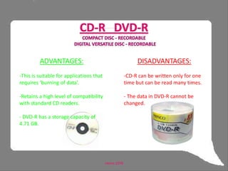 DVDs are used to hold large file such as movie files.DISADVANTAGE:CDs and DVDs are Read Only Memory.-CDs  tend to be used for large files (but smaller than 1Gb).neena 10YB