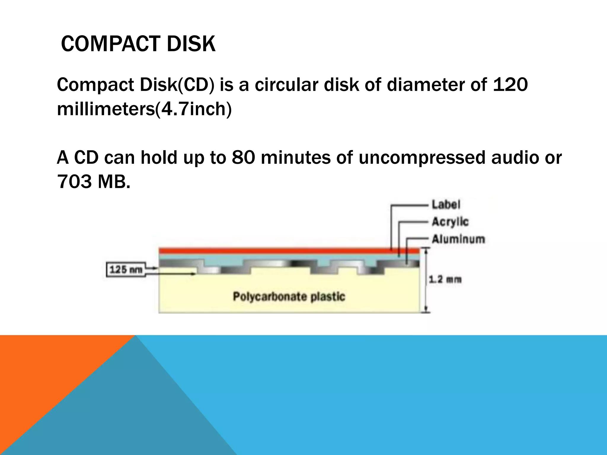 COMPACT DISK 
Compact Disk(CD) is a circular disk of diameter of 120 
millimeters(4.7inch) 
A CD can hold up to 80 minutes of uncompressed audio or 
703 MB. 
 