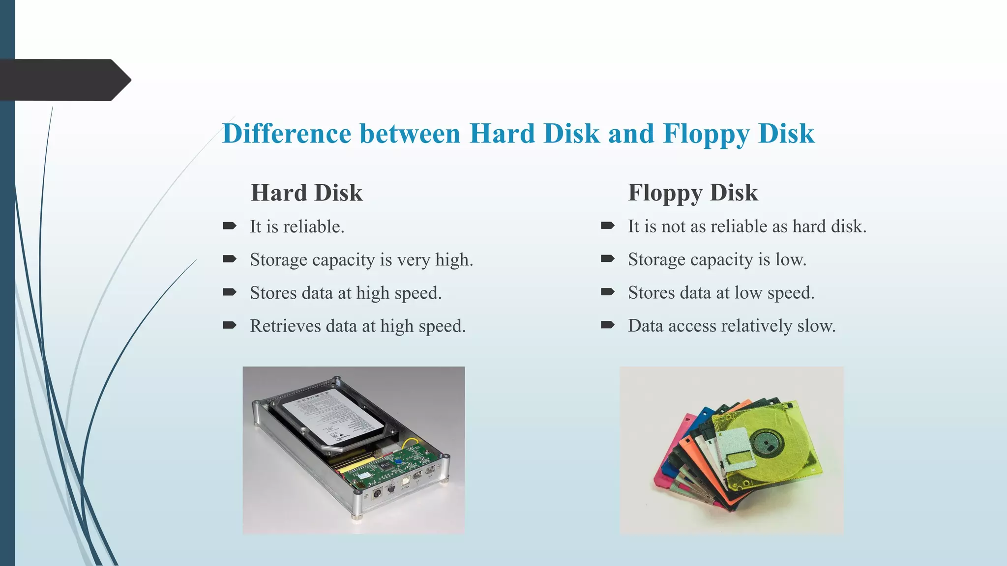 Difference between Hard Disk and Floppy Disk
Hard Disk
 It is reliable.
 Storage capacity is very high.
 Stores data at high speed.
 Retrieves data at high speed.
Floppy Disk
 It is not as reliable as hard disk.
 Storage capacity is low.
 Stores data at low speed.
 Data access relatively slow.
 
