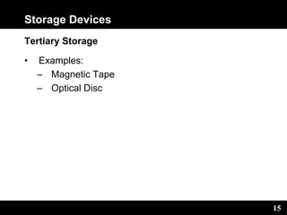 15
Storage Devices
Tertiary Storage
• Examples:
– Magnetic Tape
– Optical Disc
 