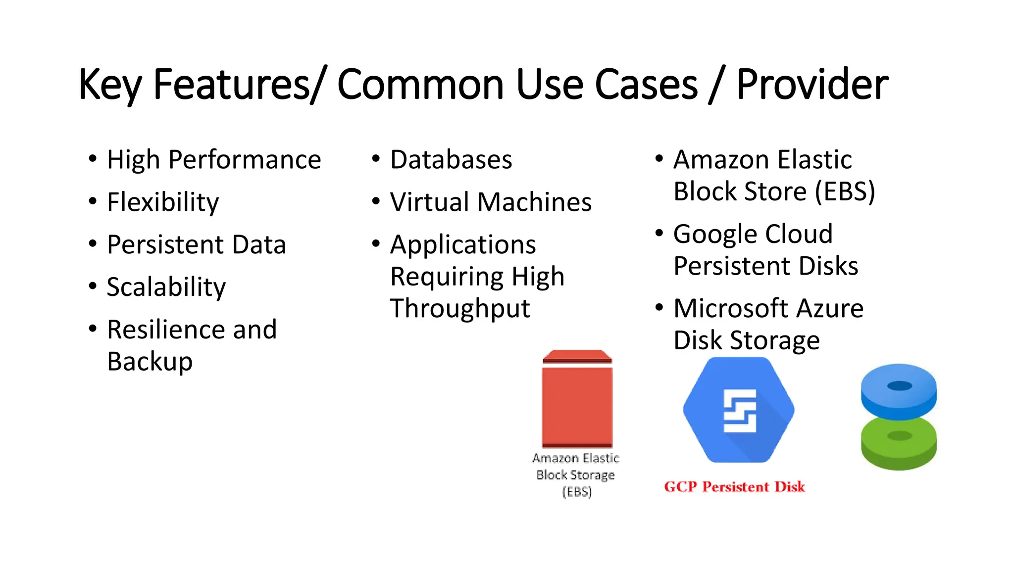 Key Features/ Common Use Cases / Provider • High Performance • Flexibility • Persistent Data • Scalability • Resilience and Backup • Databases • Virtual Machines • Applications Requiring High Throughput • Amazon Elastic Block Store (EBS) • Google Cloud Persistent Disks • Microsoft Azure Disk Storage 