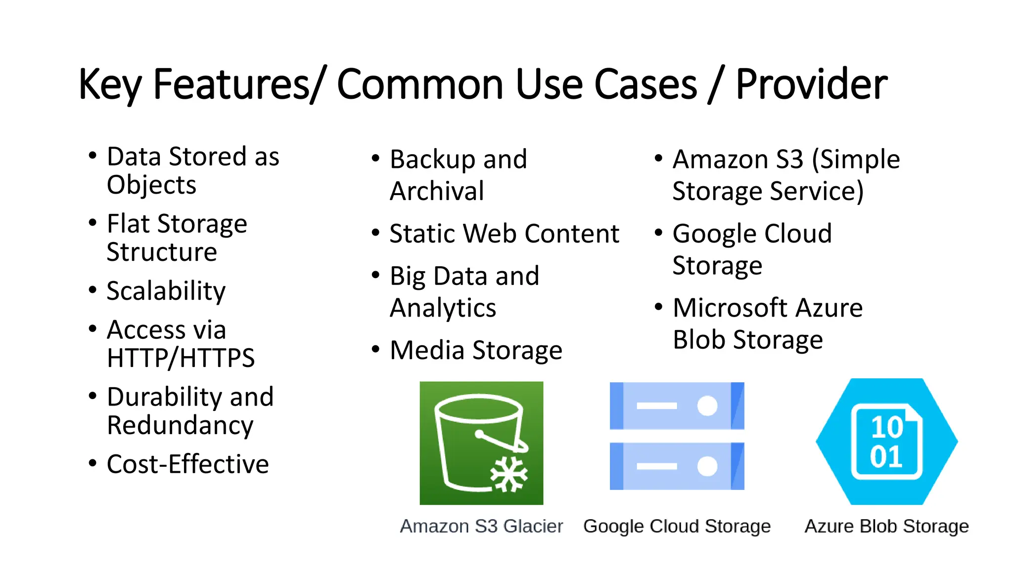 Key Features/ Common Use Cases / Provider • Data Stored as Objects • Flat Storage Structure • Scalability • Access via HTTP/HTTPS • Durability and Redundancy • Cost-Effective • Backup and Archival • Static Web Content • Big Data and Analytics • Media Storage • Amazon S3 (Simple Storage Service) • Google Cloud Storage • Microsoft Azure Blob Storage 