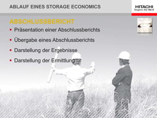 ABLAUF EINES STORAGE ECONOMICS
 Präsentation einer Abschlussberichts
 Übergabe eines Abschlussberichts
 Darstellung der Ergebnisse
 Darstellung der Ermittlung
ABSCHLUSSBERICHT
 