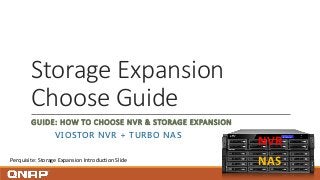 Storage Expansion
Choose Guide
GUIDE: HOW TO CHOOSE NVR & STORAGE EXPANSION
VIOSTOR NVR + TURBO NAS
NVR
NASPerquisite: Storage Expansion Introduction Slide
 