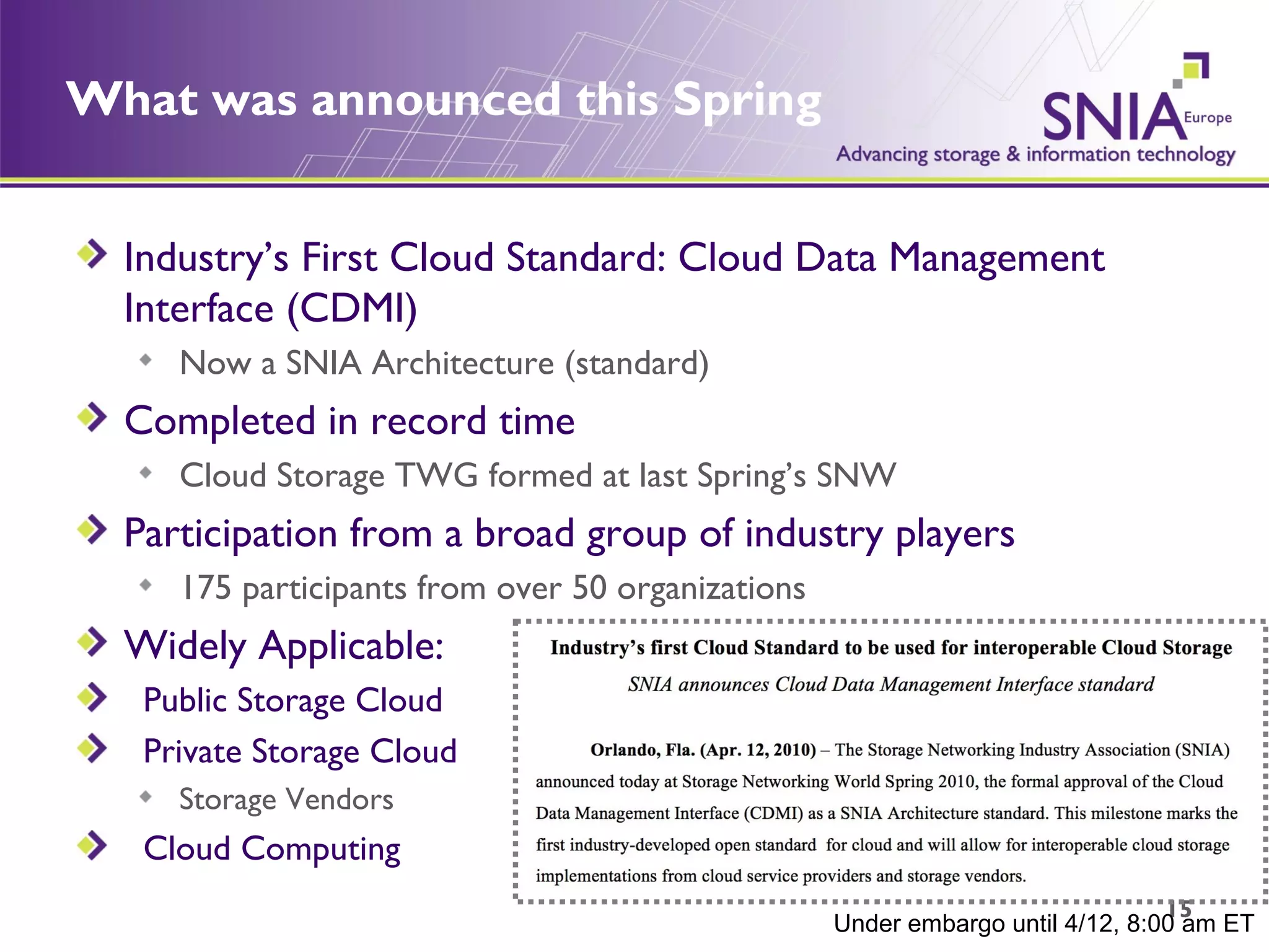 What was announced this Spring  Industry’s First Cloud Standard: Cloud Data Management Interface (CDMI) Now a SNIA Architecture (standard) Completed in record time Cloud Storage TWG formed at last Spring’s SNW Participation from a broad group of industry players 175 participants from over 50 organizations Widely Applicable: Public Storage Cloud Private Storage Cloud Storage Vendors Cloud Computing Under embargo until 4/12, 8:00 am ET 