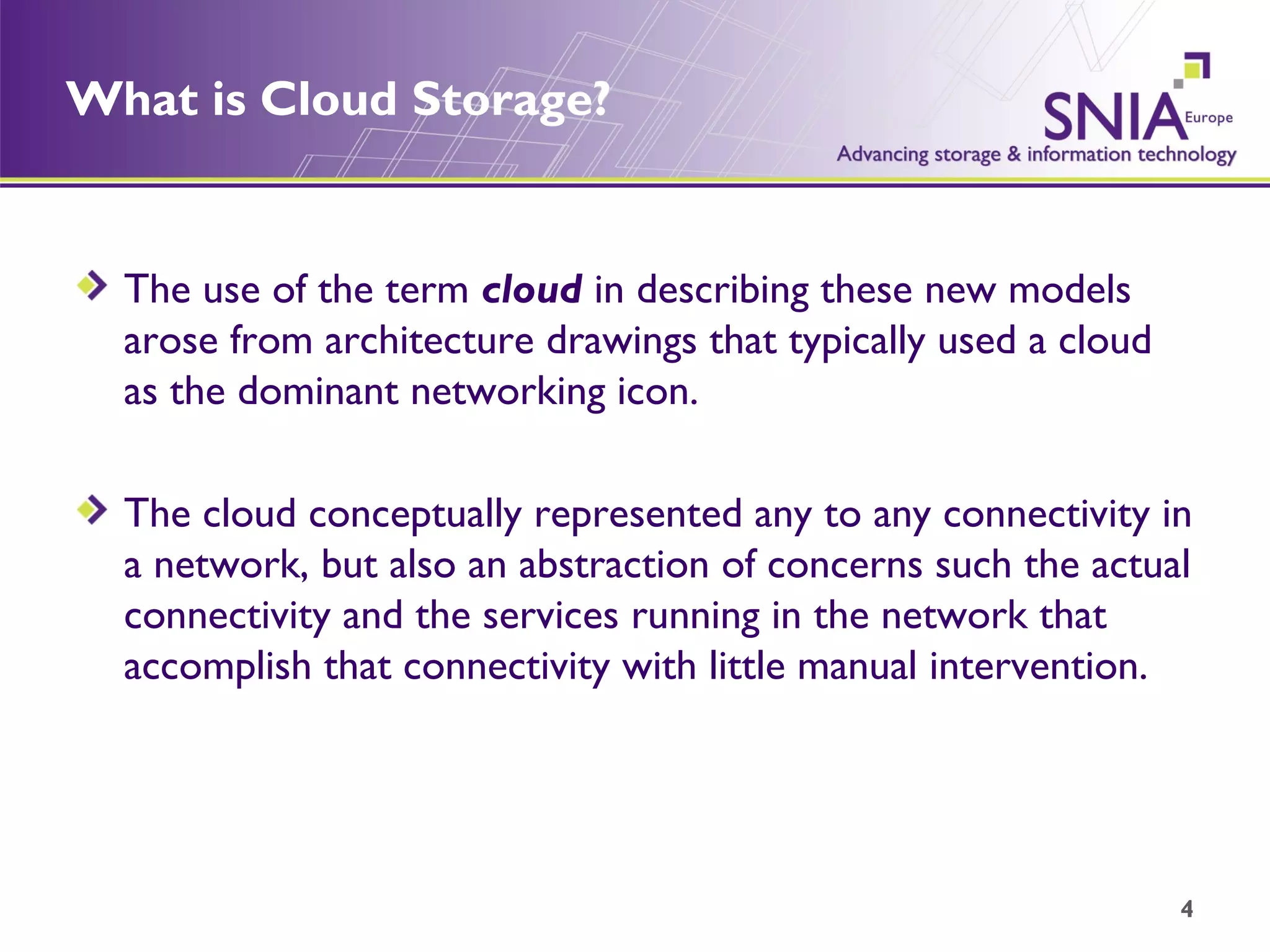 What is Cloud Storage? The use of the term  cloud   in describing these new models arose from architecture drawings that typically used a cloud as the dominant networking icon.  The cloud conceptually represented any to any connectivity in a network, but also an abstraction of concerns such the actual connectivity and the services running in the network that accomplish that connectivity with little manual intervention. 