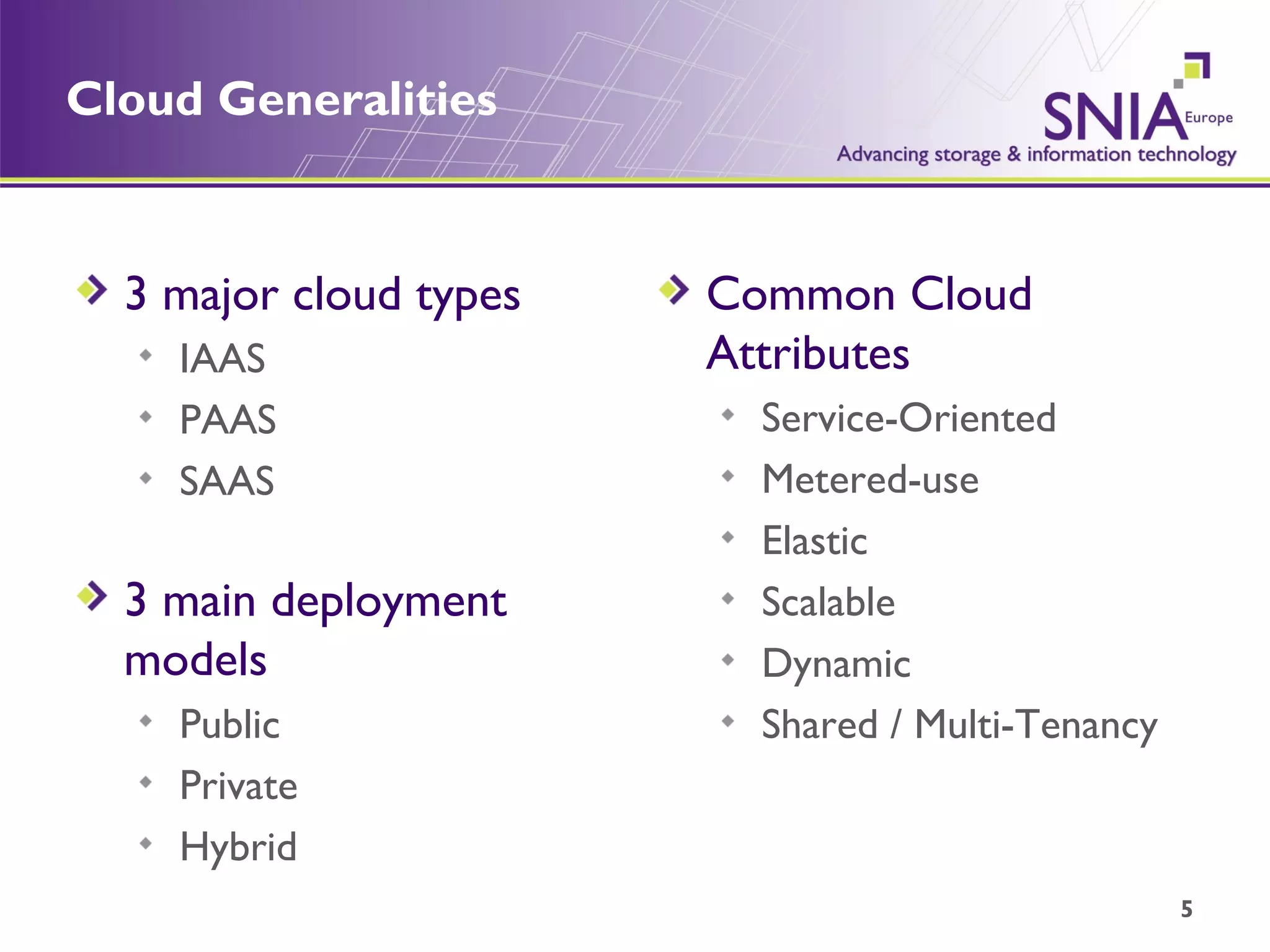 Cloud Generalities 3 major cloud types IAAS PAAS SAAS 3 main deployment models Public Private Hybrid Common Cloud Attributes Service-Oriented Metered-use Elastic Scalable Dynamic Shared / Multi-Tenancy 