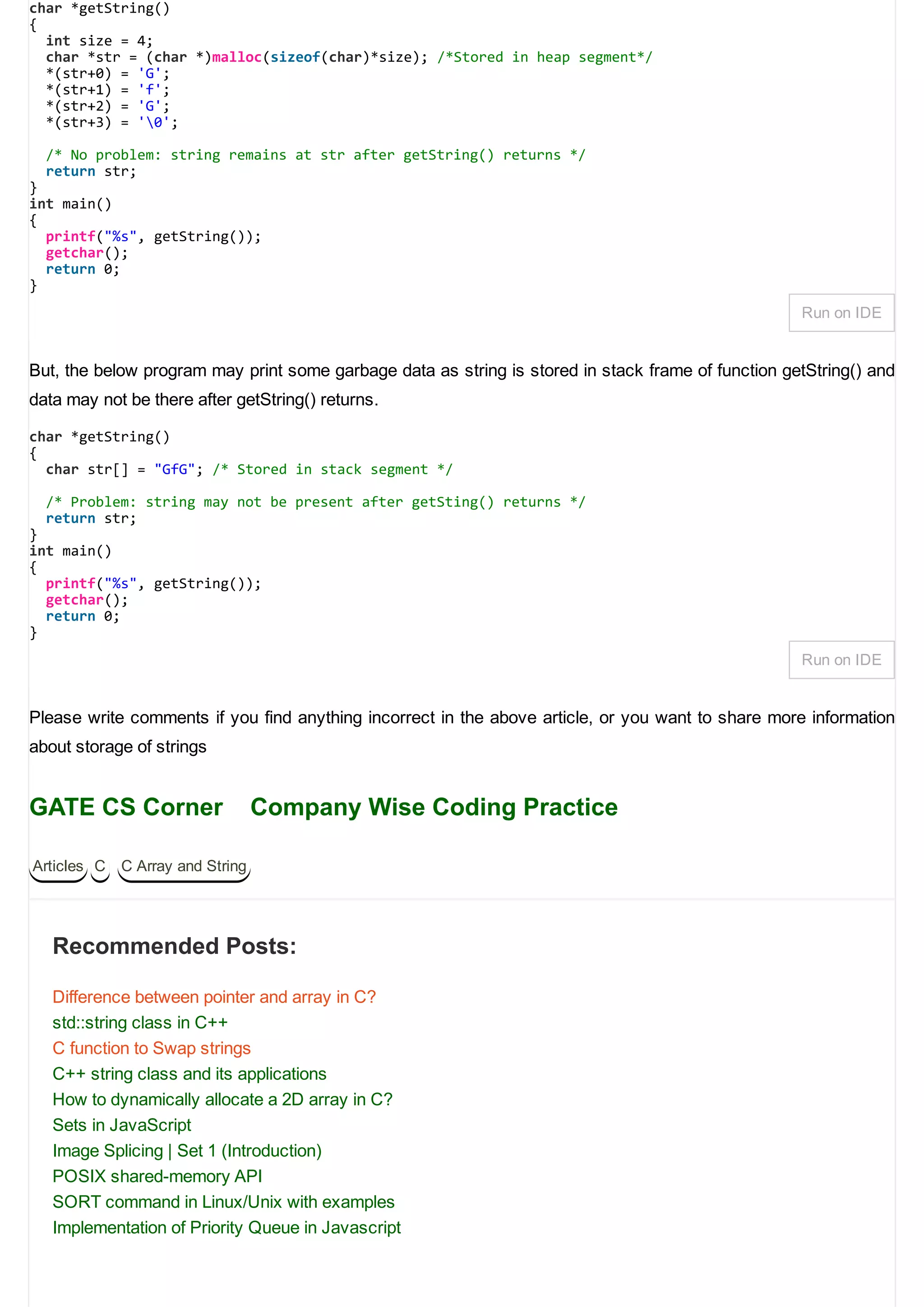 Storage for strings in c geeksfor geeks PDF