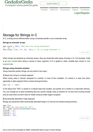 Storage for strings in c geeksfor geeks | PDF