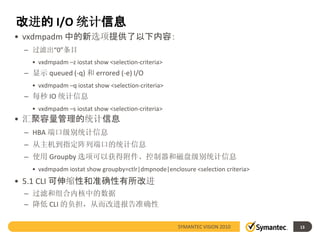 改进的 I/O 统计信息
• vxdmpadm 中的新选项提供了以下内容：
 – 过滤出“0”条目
   • vxdmpadm –z iostat show <selection-criteria>
 – 显示 queued (-q) 和 errored (-e) I/O
   • vxdmpadm –q iostat show <selection-criteria>
 – 每秒 IO 统计信息
   • vxdmpadm –s iostat show <selection-criteria>
• 汇聚容量管理的统计信息
 – HBA 端口级别统计信息
 – 从主机到指定阵列端口的统计信息
 – 使用 Groupby 选项可以获得附件、控制器和磁盘级别统计信息
   • vxdmpadm iostat show groupby=ctlr|dmpnode|enclosure <selection criteria>
• 5.1 CLI 可伸缩性和准确性有所改进
 – 过滤和组合内核中的数据
 – 降低 CLI 的负担，从而改进报告准确性

                                                    SYMANTEC VISION 2010        13
 