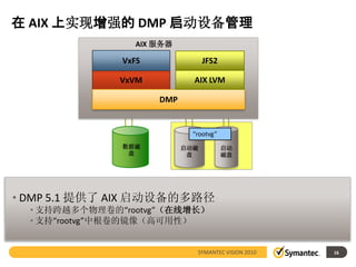 在 AIX 上实现增强的 DMP 启动设备管理
                     AIX 服务器

                  VxFS               JFS2

                  VxVM           AIX LVM

                         DMP


                                 “rootvg”
                  数据磁          启动磁          启动
                   盘            盘           磁盘




• AIX 上的 提供了 AIX 启动设备的多路径
• DMP 5.1 SF 面临的挑战
  • SF 4.x 和 5.0MP3 对根卷提供最低的 DMP 支持
  • 支持跨越多个物理卷的“rootvg”（在线增长）
        • 对 LVM 卷的增长不提供支持（“rootvg”下只允许有一个设备）
  • 支持“rootvg”中根卷的镜像（高可用性）
        • 不允许添加根卷的 LVM 镜像


                                  SYMANTEC VISION 2010   16
 